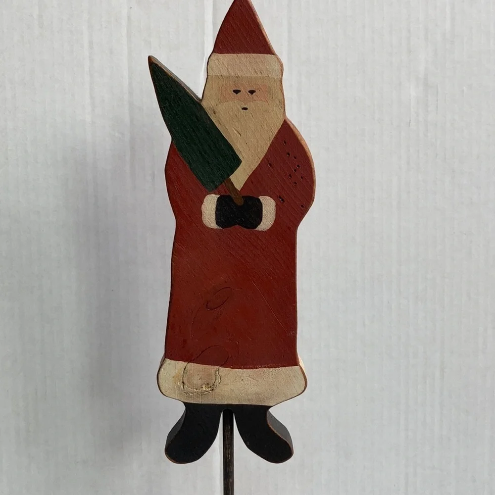 Vintage 1983 wood carved painted Santa Christmas tree on pedestal